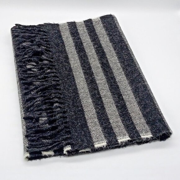 TUMI Black Grey Stripe Wool Fringed Oblong Scarf
